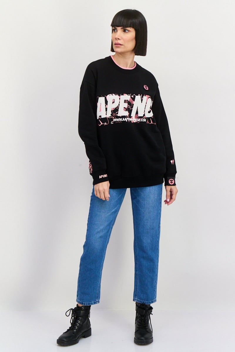 Aape By A Bathing Ape Women Hooded Brand Logo Long Sleeves Sweatshirt, Black Combo - Image 2